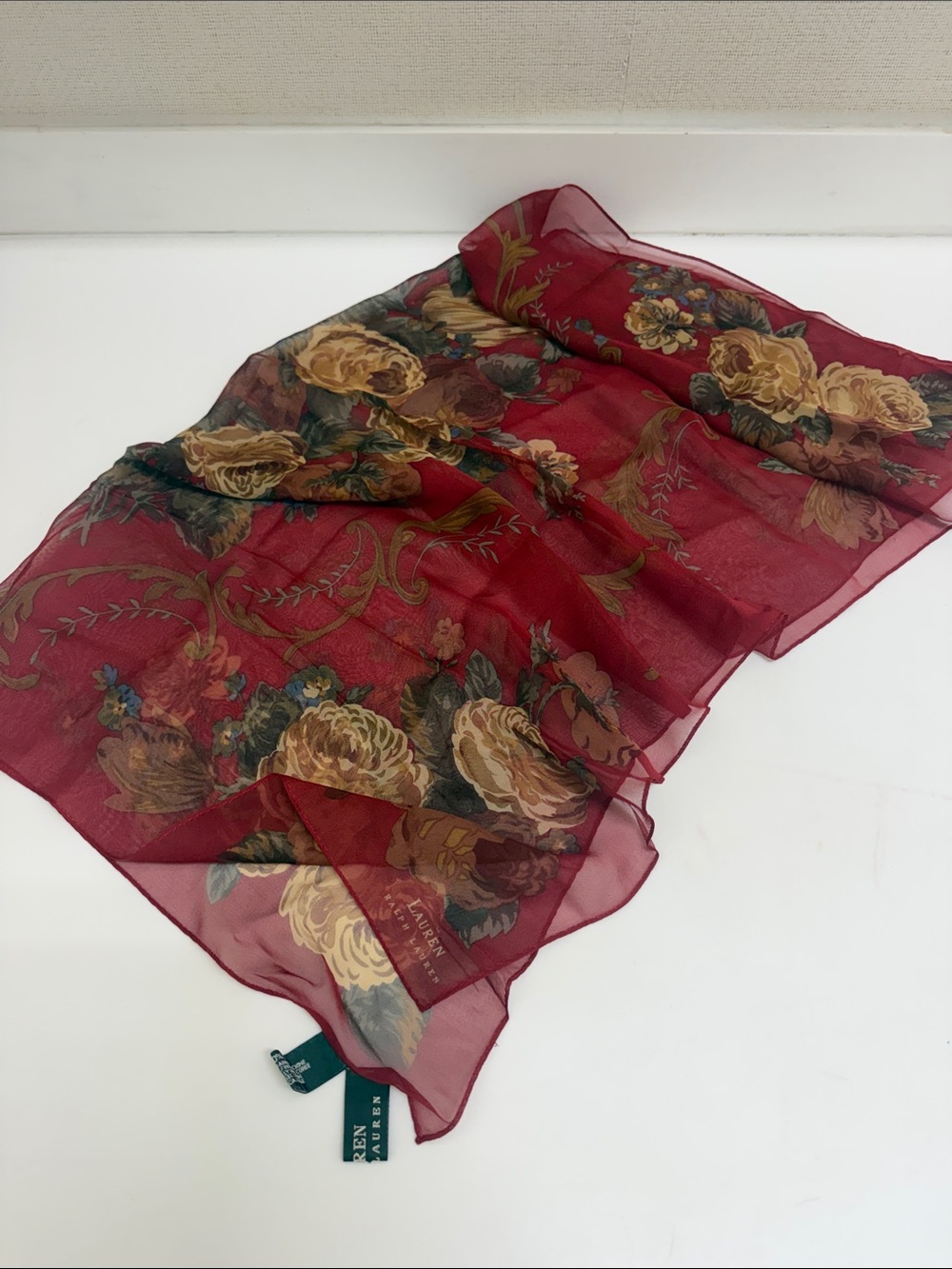 100% Silk Lauren Ralph Lauren Burgundy Floral Sheer Scarf